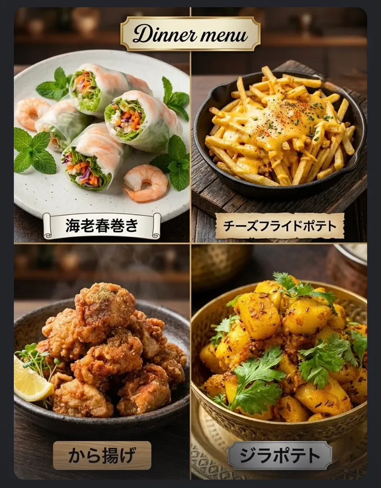 生春巻きや唐揚げなどのディナーメニュー